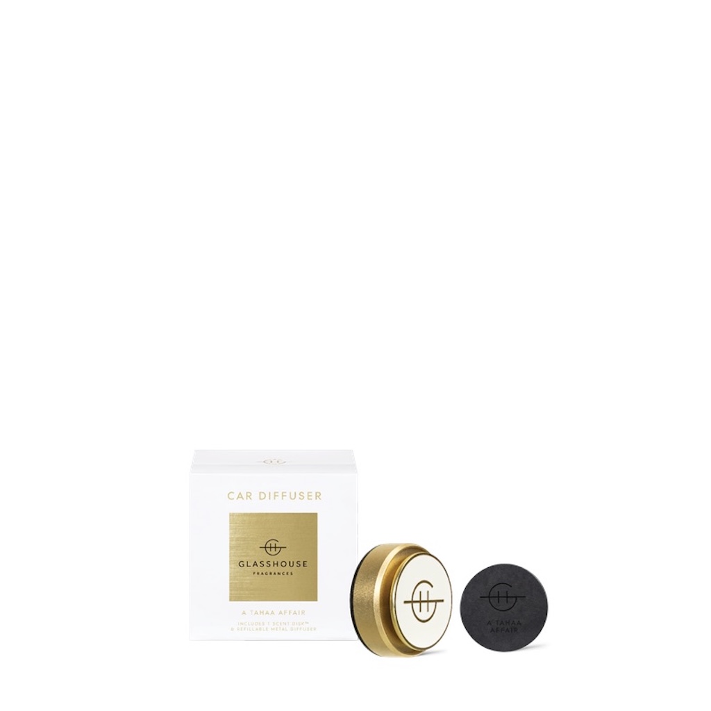 Glasshouse Gold Car Diffuser with a Tahaa Affair Scent Disk