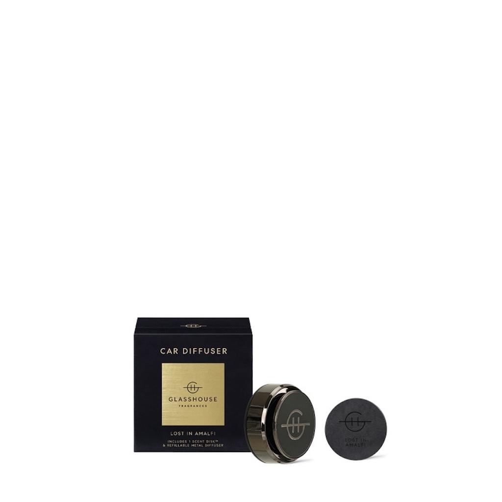 Glasshouse Black Car Diffuser with Lost in Almafi Scent Disk